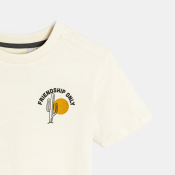 تيشيرت بأكمام قصيرة مطبوع عليه كلمات من الأمام، والظهر من الصوف للأولاد